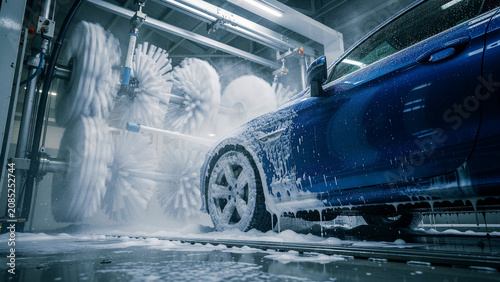 Blue car being cleaned in an automated car wash with rotating brushes. Thick soap foam and water spray cover the vehicle. Professional automotive maintenance concept for detailing service marketing.
