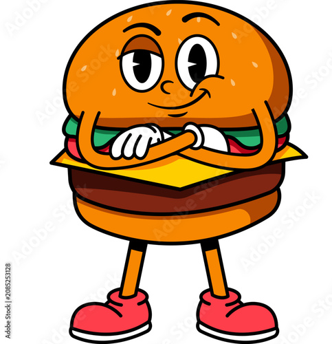 Photos Groovy Retro Burger Character with Arms Crossed Swag Pose