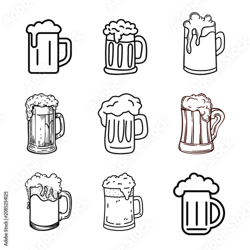 Картината върху платно Beer Mug Outline Icon Set, Hand Drawn Beer Glass Sketch Illustrations