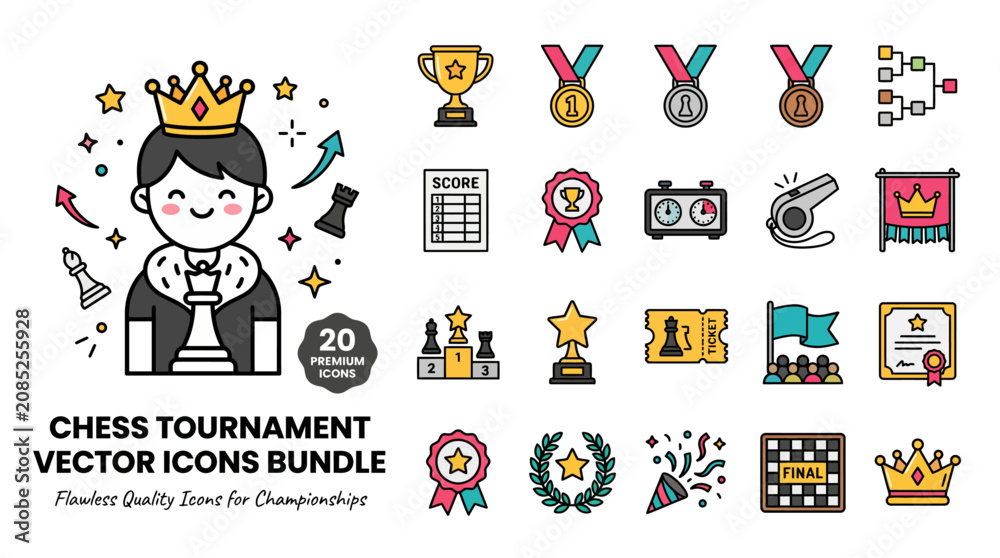 Fototapeta premium Chess tournament vector icons bundle, 20 premium championship symbols, professional board game competition elements for sports events