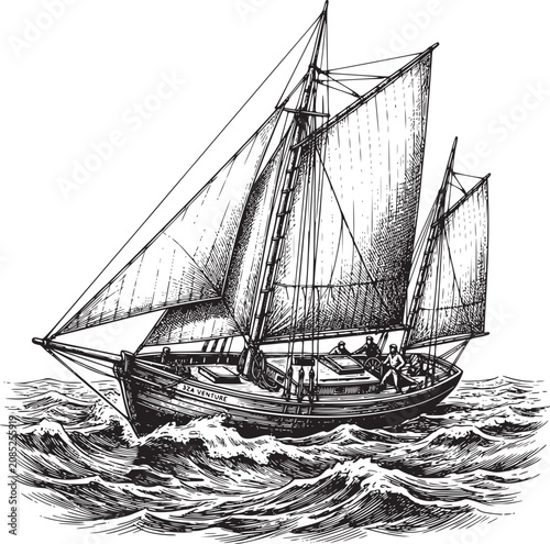 Vintage Old Wooden Sailing Ship Vector Illustration on Ocean Sea with Classic Galleon Frigate and Nautical Maritime Adventure Design