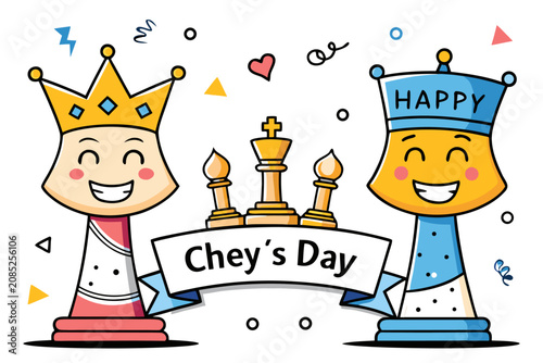 Fotografie Cartoon chess piece characters celebrating Chey's Day, happy king and queen ches