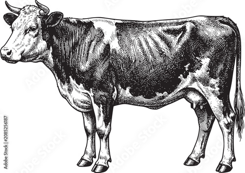Black and White Dairy Cow Isolated on White Background Farm Livestock Animal Illustration with Horns and Udder