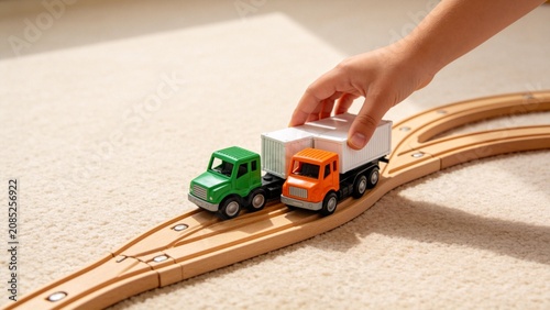 Child playing with toy trucks on wooden track