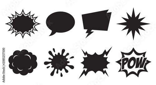 Quadro su tela Comic book speech bubbles and explosion shapes black silhouettes