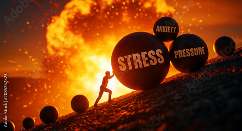 Silhouette pushing heavy stress boulder uphill against fiery background. Large rocks labeled anxiety and pressure depict mental burden. Burnout and resilience concept for emotional wellness ads.