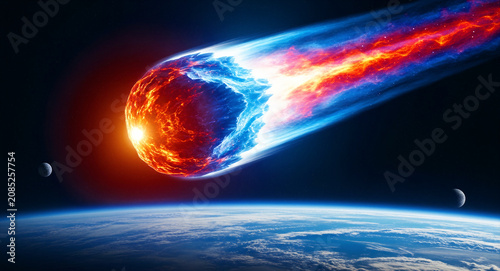 Giant fiery asteroid hurtling through space toward planet Earth. Massive comet with burning trail of fire and ice entering planetary atmosphere. Space catastrophe concept for sci-fi and education.