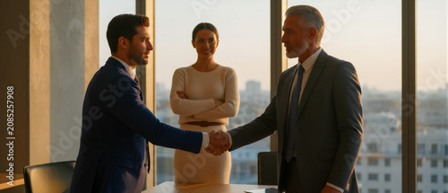 Two businessmen shaking hands in a high-rise office at sunset. A female colleague watches as they finalize a corporate deal. Professional partnership concept, ideal for business growth marketing.