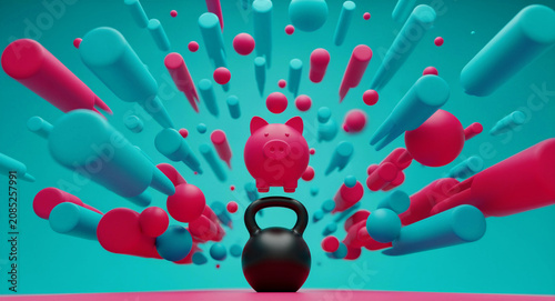 Pink piggy bank balancing on top of a black kettlebell. Abstract explosion of teal and pink geometric shapes on a matching background. Financial strength and wealth management marketing concept.