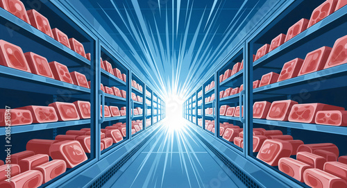 Meat products on shelves in a supermarket freezer aisle. Stylized comic book illustration with dynamic lighting. Grocery retail concept, ideal for food supply chain and supermarket marketing.