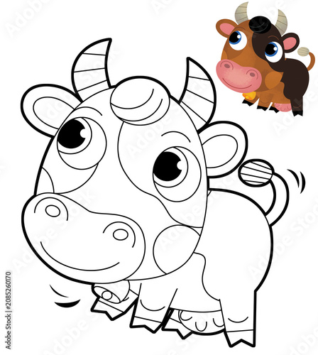 Cartoon sketch scene with cow bull is looking and smiling -  illustration for children