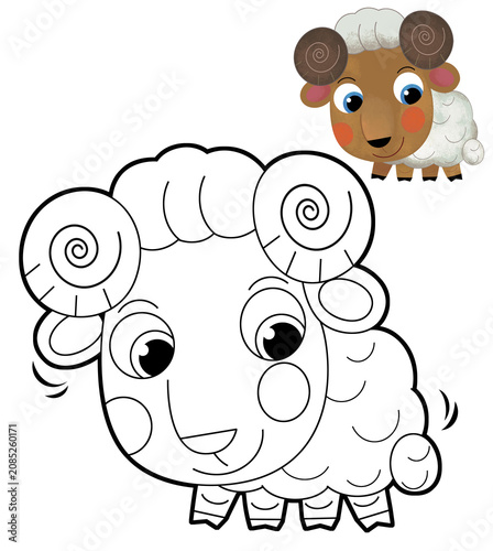 Cartoon sketch scene sheep is standing looking and smiling illustration for children