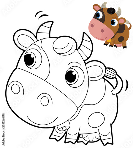 Cartoon sketch scene with cow bull is looking and smiling -  illustration for children