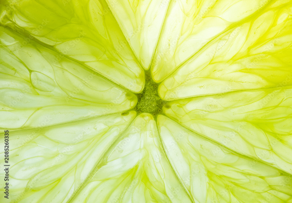 Fototapeta premium Macro close-up of a fresh juicy lime slice texture,A highly detailed macro close-up shot capturing the vibrant, translucent texture and radial structure of a fresh lime slice, highlighting the juice .