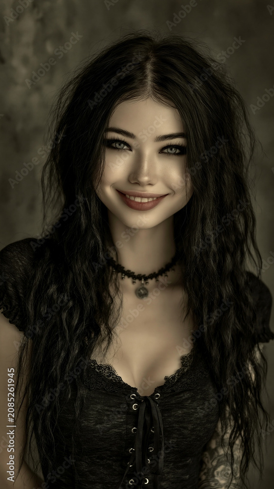 Fototapeta premium stunning goth woman smiling with warm eye contact, beautiful alternative woman expressing affection, cute gothic portrait with emotional connection