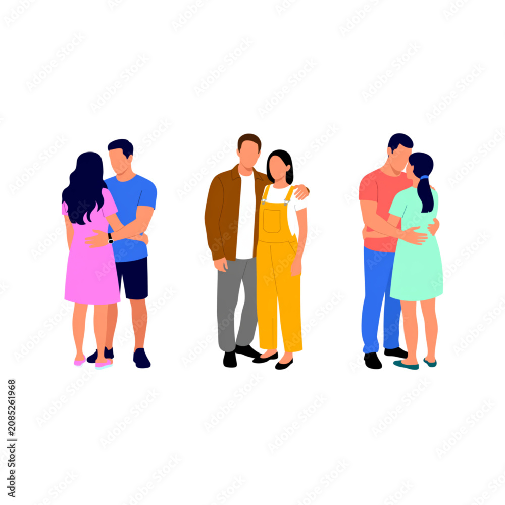 Obraz premium Minimalist vector illustration of diverse young couples embracing, showing love, romance, and modern relationships