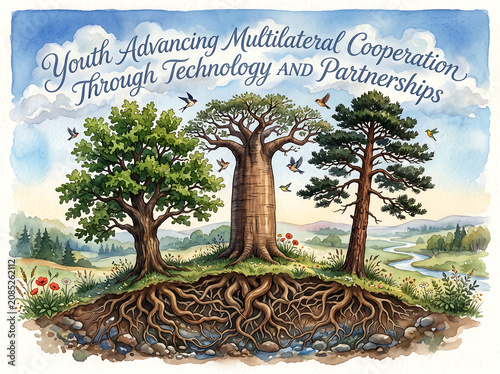 Youth advancing multilateral cooperation through technology and partnerships watercolor painting displaying a diverse forest ecosystem with trees and roots.