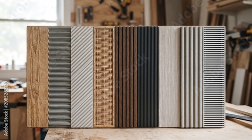 A collection of wood panels with different textures and patterns on a table in a workshop