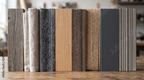 A selection of different carpet samples arranged on a wooden floor