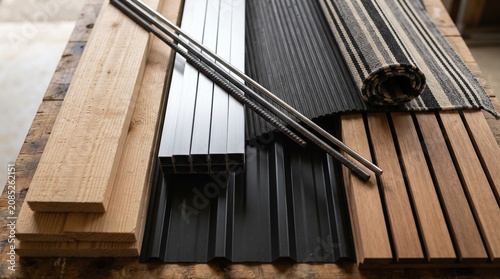 A collection of wooden and metal planks arranged on a wooden pallet