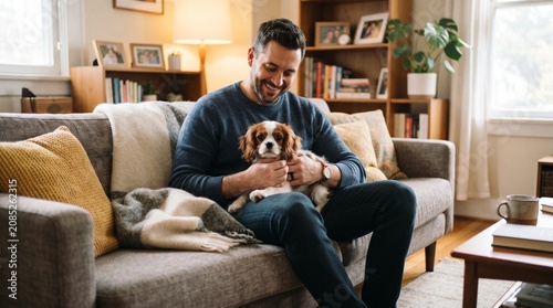 Man sitting on couch with dog, petting beagle