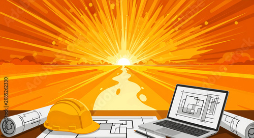 Hard hat and laptop with blueprints on desk at sunrise. Engineering tools and architectural plans face a bright horizon. Ideal for construction planning and industrial growth concepts.