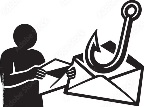 Tableau sur toile Phishing scam: Hook emerging from an email envelope