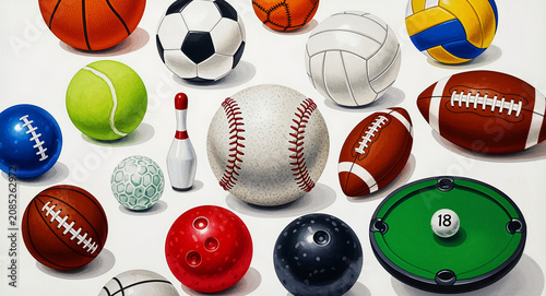 Diverse sports balls collection on a white background. Includes soccer, basketball, baseball, football, and bowling gear. Athletic recreation theme for sports marketing and fitness design.