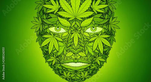 Cannabis leaf face illustration on green background. Surreal portrait showing organic herbal patterns. Medical marijuana and legalization concept for botanical marketing.
