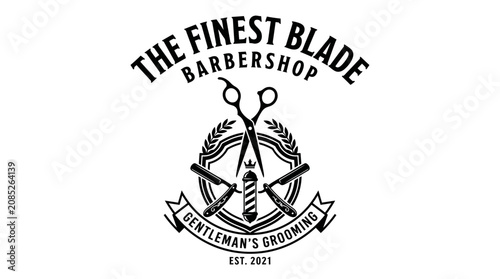 Vintage Barbershop Logo Design with Scissors, Straight Razors, and Barber Pole for Gentleman's Grooming Business
