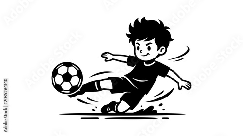 Little Boy Kicking a Soccer Ball Vector Illustration, Cartoon Football Player Action Pose Silhouette