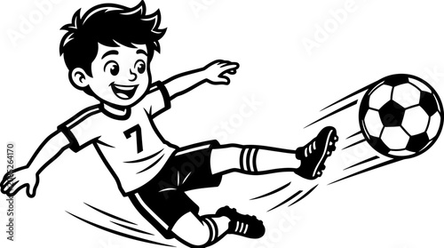 Cartoon Boy Playing Soccer Kicking Football, Little Boy in Number 7 Jersey Playing Sports Vector Illustration