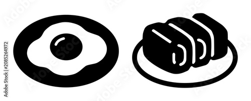 Vector set of two black glyph food icons. The left icon shows a sunny side up fried egg and the right icon shows sliced Japanese rolled omelette (Dashimaki-tamago) on a round plate.