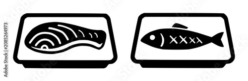 Vector set of two black glyph icons showing fish on rectangular serving trays. The left fish displays curved flesh lines and the right fish has a round eye with cross-hatch markings.