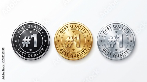 Best quality medals featuring gold silver and black metallic circular badges with number one symbol for marketing product ratings isolated on a white background design