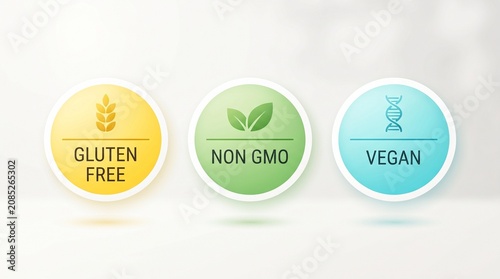 Dietary labels showing gluten free non gmo and vegan icons in circular badge style for healthy food packaging design with soft light and clean background