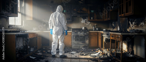 Person in hazmat suit stands in a burnt kitchen inspecting fire damage. Specialist assessing charred remains and ash after home disaster. Fire restoration service concept for insurance and safety.