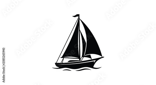 Schilderij op canvas Sailing boat with raised sails depicted as a stark black silhouette against a wh