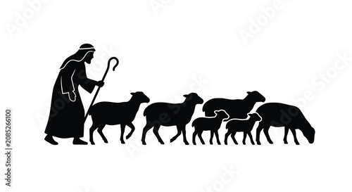 Photography Shepherd leading sheep across a field a black silhouette against a white backgro