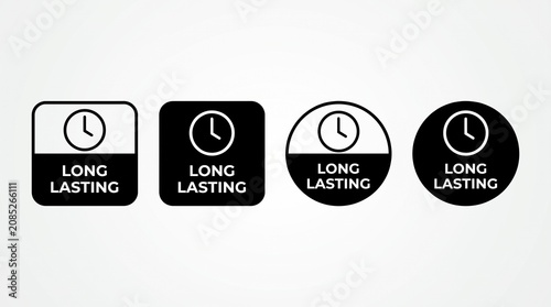 Long lasting icons featuring clock symbols inside rounded square and circular shapes with bold typography isolated on a plain white background for commercial product packaging