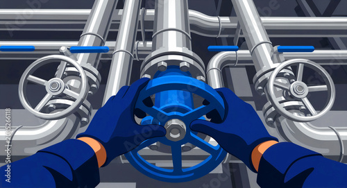 Hands in gloves turning a blue valve on industrial pipes. Worker managing plumbing or gas system controls. Industrial maintenance concept for safety training and factory utility logistics.