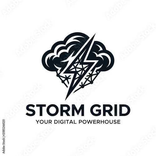 lightning bolt with geometric cloud network structure for storm grid digital powerhouse technology data connection infrastructure energy logo design