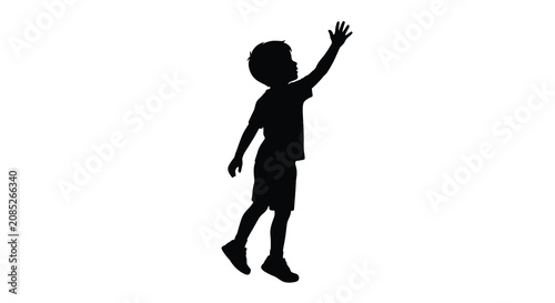 Cuadro en lienzo Boy reaching upwards with arm extended a dark black silhouette against a white b