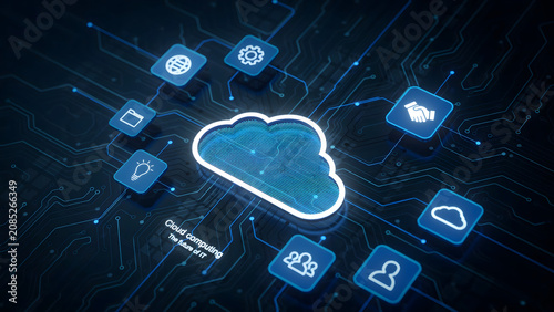 Cloud computing concept with a glowing central cloud connected business symbols, and digital circuit board lines on dark blue background