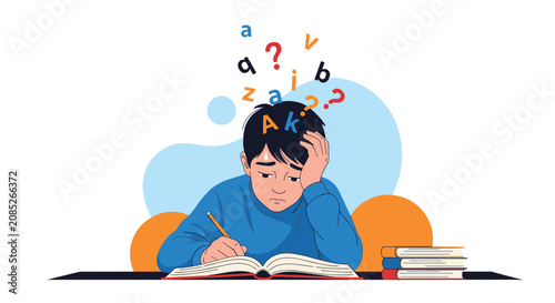 Stressed schoolboy having difficulty studying with floating letters and question marks above his head.