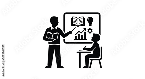 Teacher instructing student with learning elements displayed on a whiteboard silhouette education teaching instructor classroom lesson knowledge study