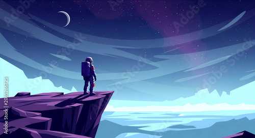 Astronaut standing on a cliff edge looking at a starry night sky. Stylized illustration featuring a crescent moon and nebulae over an alien landscape. Exploration and discovery concept.