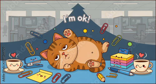 Tired ginger cat lying on desk with office supplies and text. Cute feline character feeling burnt out in a corporate environment. Stress and humor concept for work life balance and mental health.