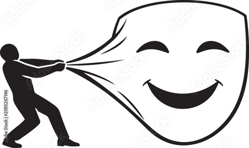 Fotografie A silhouette figure pulling a large happy face mask, symbolizing forced happines