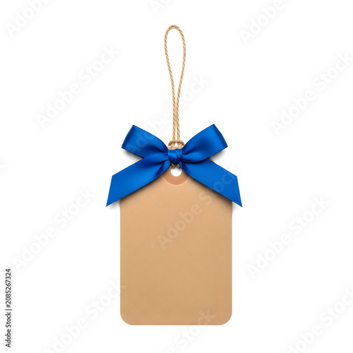 Cute gift box with blue ribbon hanging decoration isolated on white background